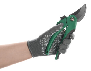 Obraz premium Worker holding secateurs with green handles on white background, closeup. Gardening tool