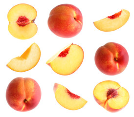 Cut and whole fresh peaches on white background