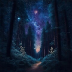 Fototapeta na wymiar forest with a galaxy background 