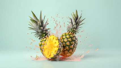 Falling pineapple sliced and whole with splashes on pastel green background. AI generative