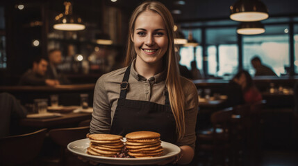 Pretty waitress serves pancakes in a diner - made with Generative AI tools - obrazy, fototapety, plakaty