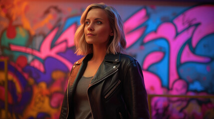 Young woman wearing a leather jacket against a graffiti wall - made with Generative AI tools