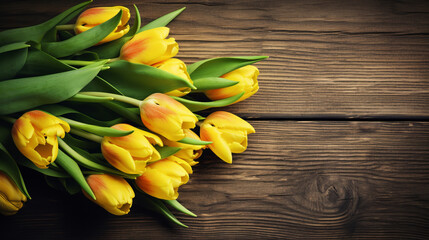 Bouquet of yellow tulips flowers on vintage wooden background. Created with Generative AI technology.