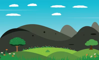 Gordijnen Nature landscape vector illustration with cartoon style. Beautiful spring landscape cartoon with green grass flower and blue sky and colourful trees. mountains © MdRiaz