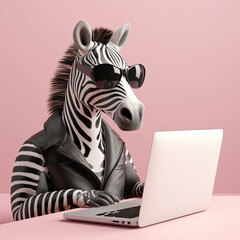 a zebra sitting in front of a laptop with sunglasses on it's head and looking at the computer screen. Generative Ai