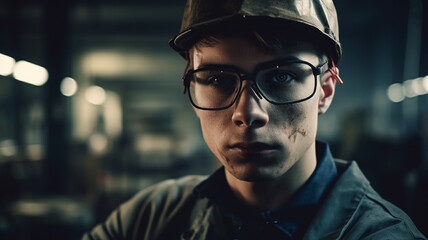 作業員・危険な場所で作業する男性・メガネをした少年
 - obrazy, fototapety, plakaty