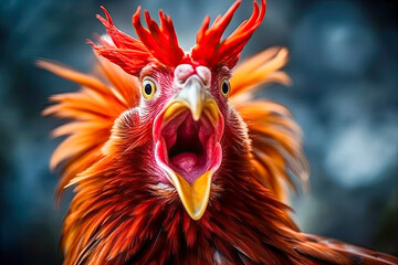 Fototapeta premium Close-up portrait of a crowing rooster, Generative AI