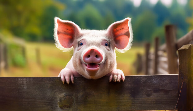 A pig is leaning on a fence smiling, generative ai