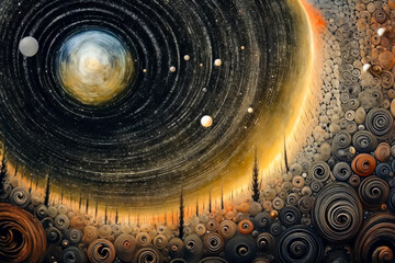 space with planets, stars and spiral galaxy surrounded by circles, art, illustration, painting, generative ai