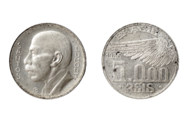 Silver coin of 5000 réis from 1936. Homage to the Brazilian Santos Dumont, father of aviation. Wing of Icarus. Last version of silver coin to circulate in Brazil. 1st civil airport inauguration.