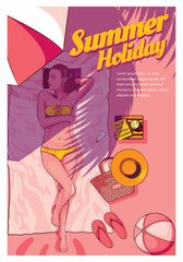 Summer Holiday pin up Girl poster illustration. a girl laying down on the beach and enjoy the summer sunset.