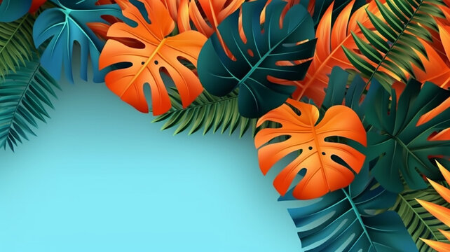 abstract illustration with jungle exotic leaves, colorful design, summer background and banner realistic photo with space for text