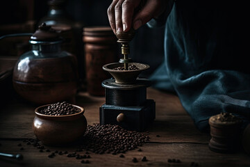 Fototapeta na wymiar coffee beans being poured into a grinder on a wooden table in the image is dark and moodyy, with a person's. Generative Ai