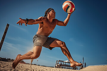 a man playing with a volleyball ball on the beach in front of a lifeguard sign and some people watching. Generative Ai