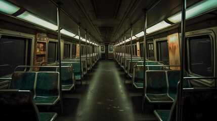 Fototapeta premium The interior of the metro train compartment, with dark lights, dirty aesthetic, apocalypse. AI generative