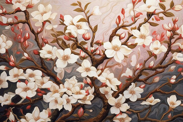 The painting has white flowers and red buds. AI generative