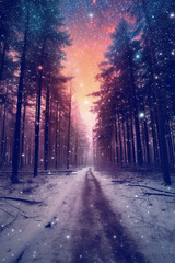 Obraz premium Winter forest at dusk background. AI genrative