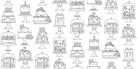 Birthday and wedding cakes celebration desserts doodle seamless pattern. Party delicious cupcake sweet bakery boundless background. Holiday decoration cake ornament pastries linear texture vector