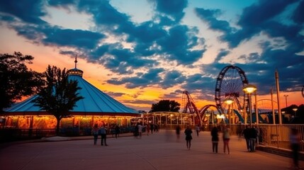 Fototapeta premium beautiful twilight sky above an amusement park generative ai