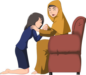 cartoon illustration of a Muslim woman in a unique pose. nice picture for your needs