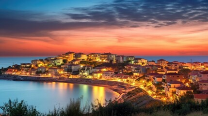 Obraz premium beautiful twilight sky above a coastal village generative ai