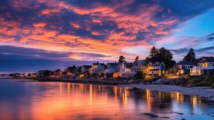 Fototapeta na wymiar beautiful twilight sky above a coastal village generative ai
