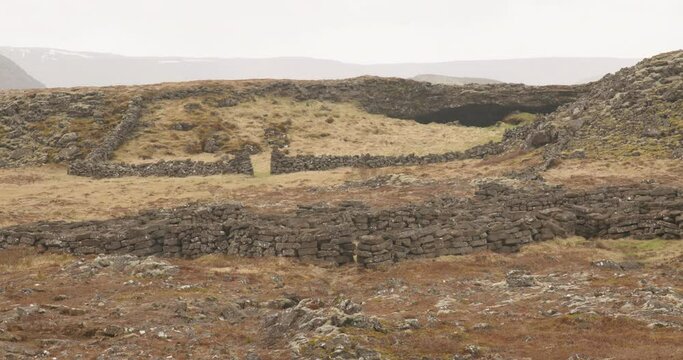 Historic stone fence sheep farm, Burfellsgja Iceland