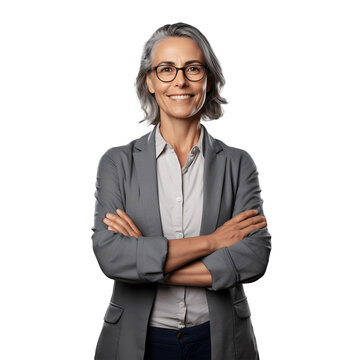 Portrait Of A Business Woman Middle Aged Happy Smile And Standing Crossed Arms, CEO Successful Executive, Manager, Isolated On White Transparent Background, Ai Generate