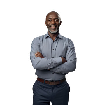 Portrait Of A Businessman African American Middle Aged Happy Smile And Standing Crossed Arms, CEO Successful Executives, Managers, Isolated On White Transparent Background, Ai Generate