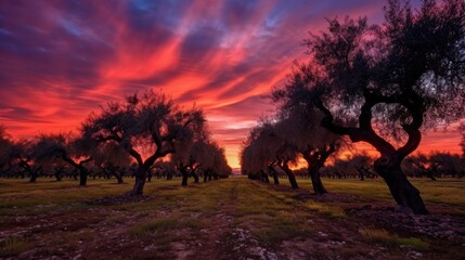 Fototapeta na wymiar beautiful twilight sky above in an olive grove generative ai