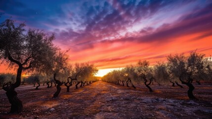 beautiful twilight sky above in an olive grove generative ai