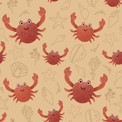 Crab seamless pattern. Sealife allover print. Raster print with cute hand drawn crabs, shells and corals on yellow background