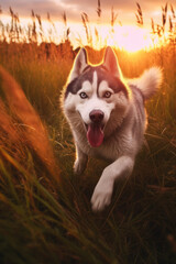 Siberian husky dog in a sunny spring meadow