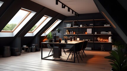 home office in the attic with black walls