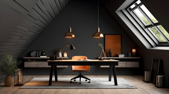 home office in the attic with black walls