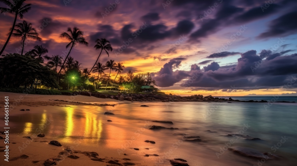 Wall mural beautiful twilight sky over a beach generative ai