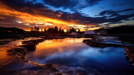 Fototapeta na wymiar beautiful twilight sky over a geothermal area generative ai