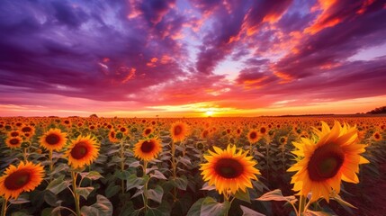 Fototapeta premium beautiful twilight sky over a sunflower field. generative ai