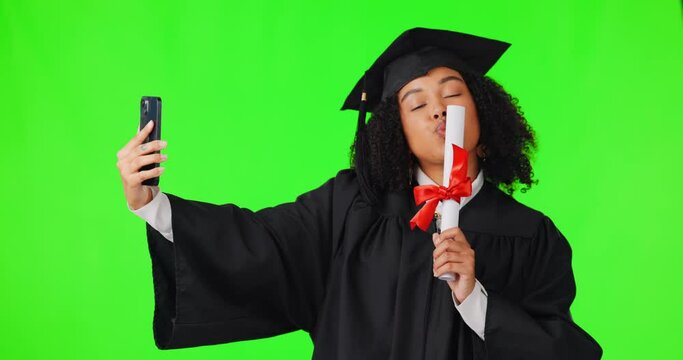 Graduation selfie, green screen and woman isolated on a studio background in profile picture with award or certificate. Graduate, photography and happy African person or student, diploma and success