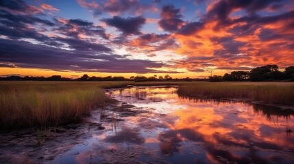 Fototapeta na wymiar beautiful twilight sky over marshlands generative ai