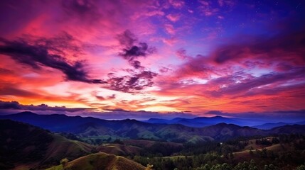 Fototapeta na wymiar beautiful twilight sky surrounded by hills generative ai