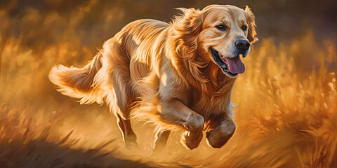 Happy golden retriever dog running outdoors in a field during summer autumn