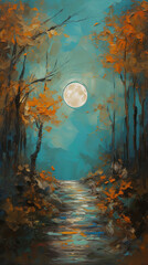 Autumn trail in the night forest under the moon. Generative AI