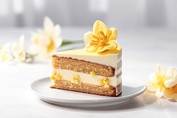 Vanilla cake slice or brownie with vanilla flower on a light background is a healthy organic summer dessert. Delicious sweet treat Generative AI