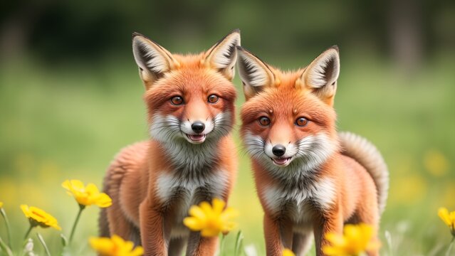 A Picture Of A Mesmerizing Pair Of Foxes Standing In A Field Of Flowers AI Generative