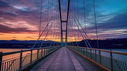 Obraz premium beautiful twilight sky over a suspension bridge generative ai