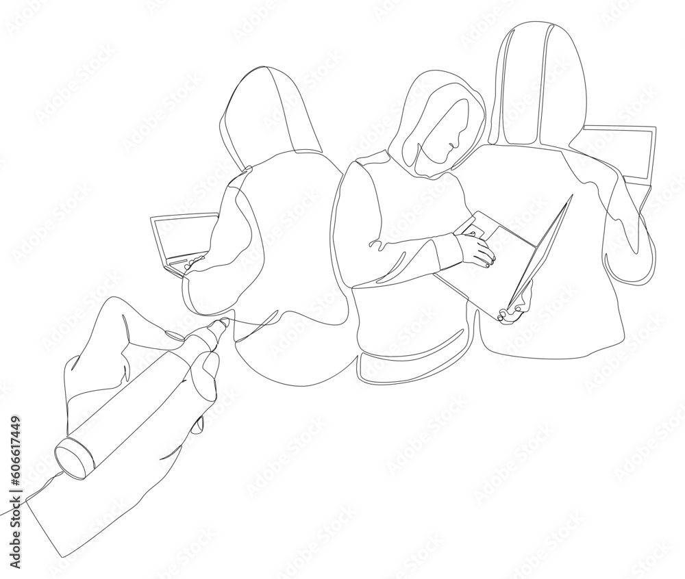 Poster one continuous line of computer hacker drawn by with felt tip pen. thin line illustration vector con