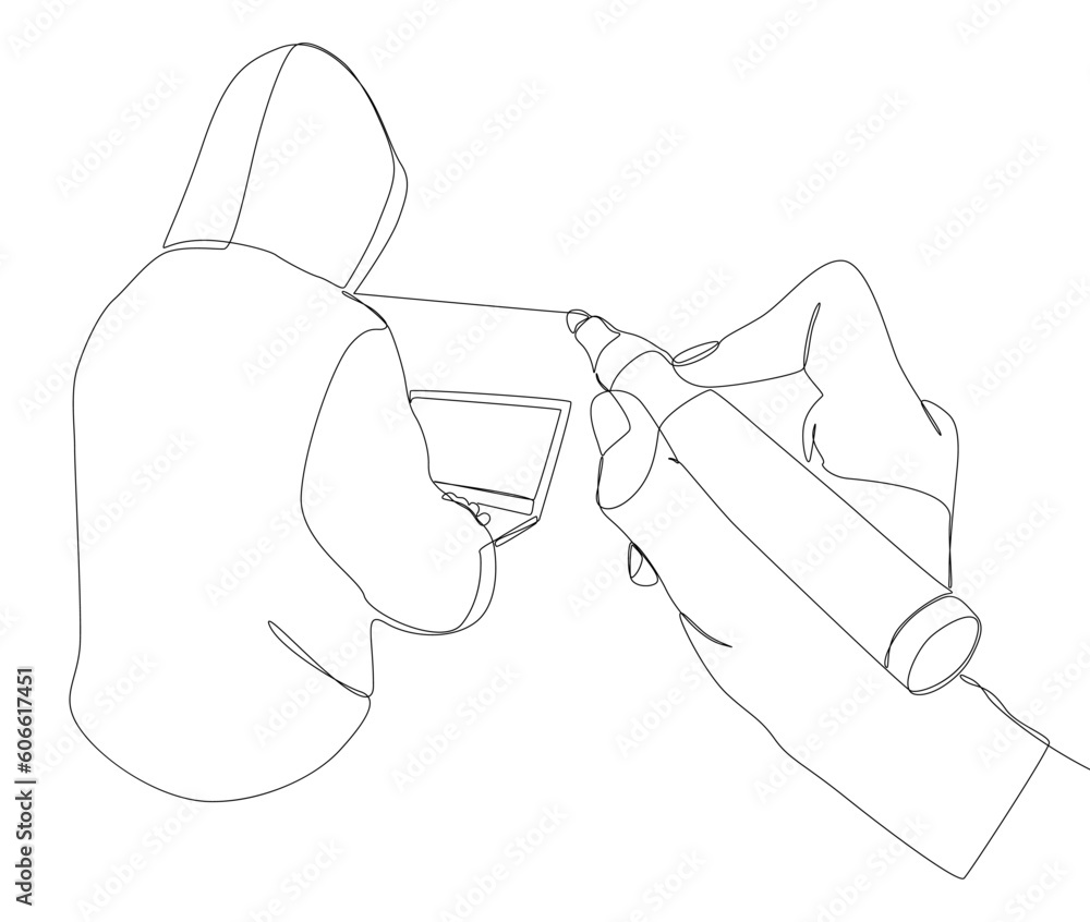 Poster one continuous line of computer hacker drawn by with felt tip pen. thin line illustration vector con