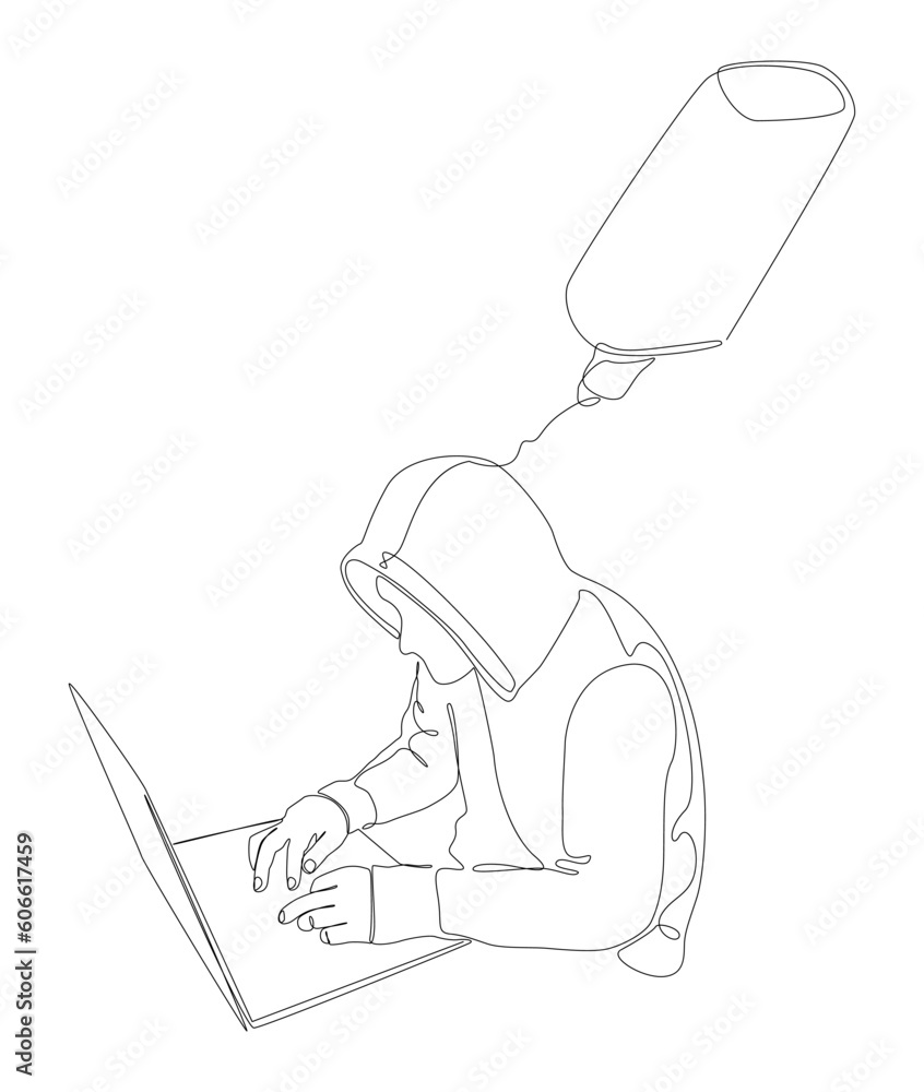 Poster one continuous line of computer hacker drawn by with felt tip pen. thin line illustration vector con