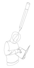 One continuous line of Computer Hacker drawn by with felt tip pen. Thin Line Illustration vector concept. Contour Drawing Creative ideas.